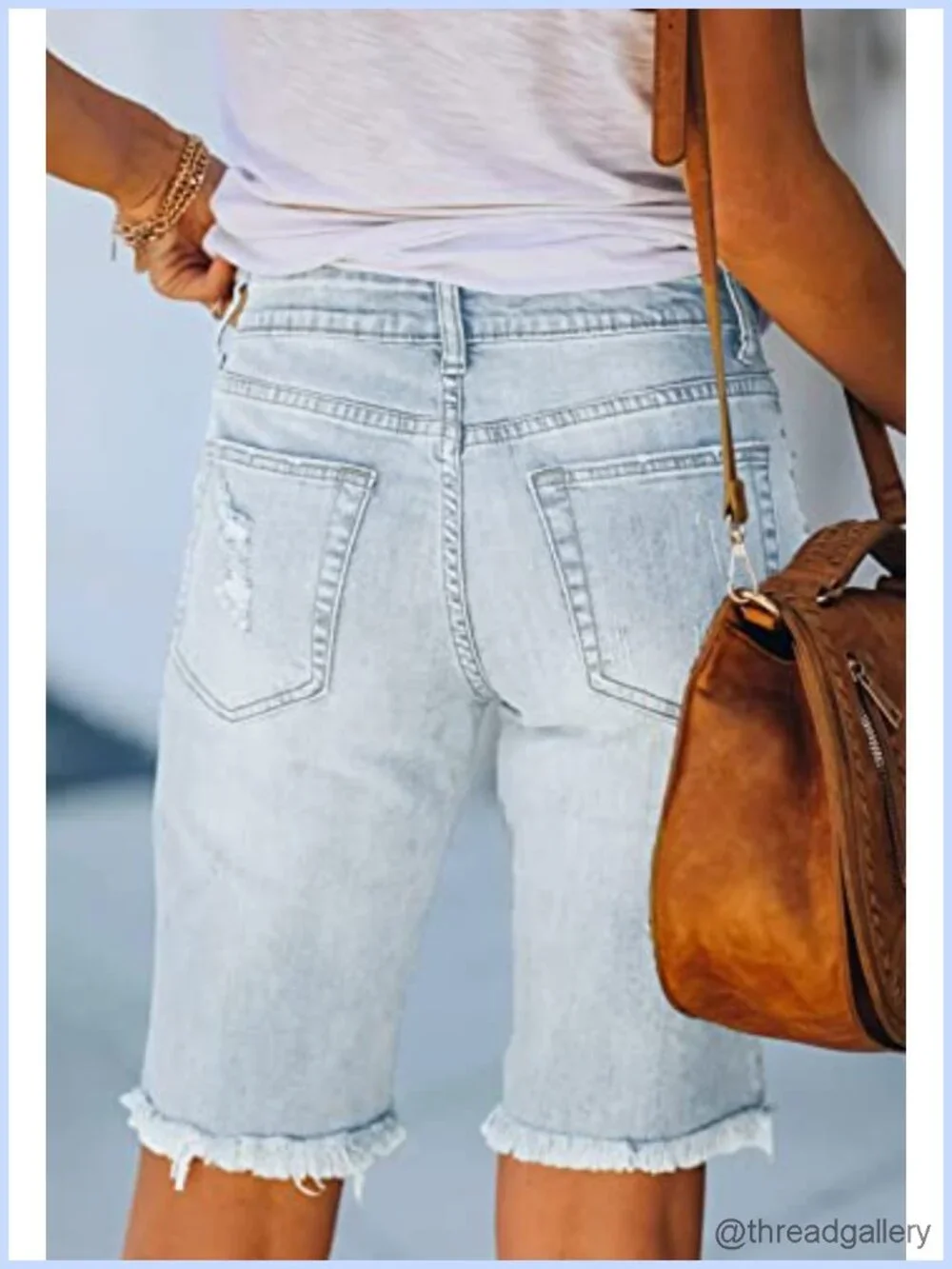 Women's Ripped Mid-Rise Stretchy Denim Bermuda Shorts 10